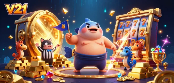 Mengakses v21 dengan keberuntungan besar di slot, ditampilkan dalam ilustrasi 3D