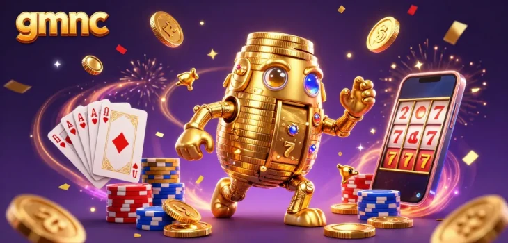 Spin the reels with gmnc, showcasing an ancient golden golem amid vibrant casino elements.
