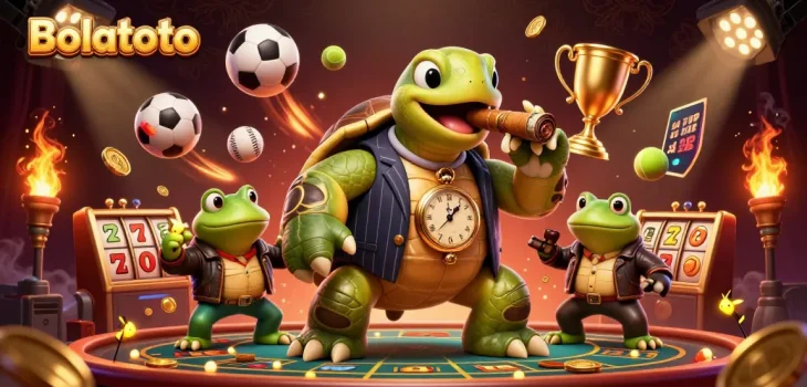 Engage with Bolatoto's thrilling betting scene featuring a snapping turtle and sports elements.
