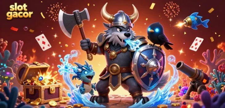 Immerse in the action of slot gacor with a vibrant 3D Viking warrior, dragon, and treasures.