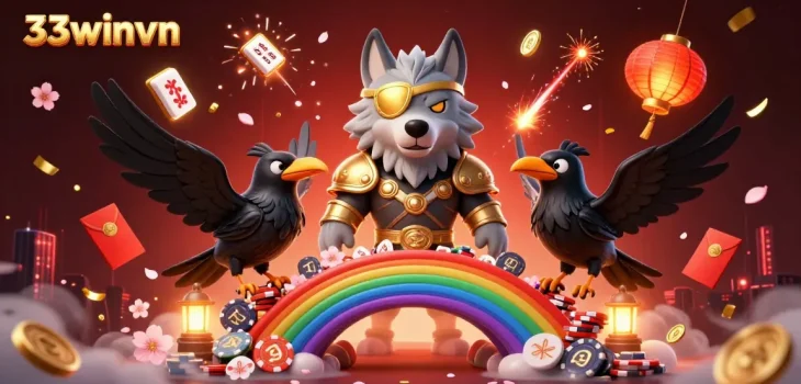 Experience thrilling gameplay with 33winvn in a vibrant 3D casino scene featuring Odin and his ravens.