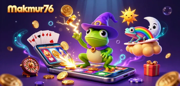 Experience the thrill of makmur76 with a whimsical scene of a frog wizard, chameleon, and vibrant gambling elements!
