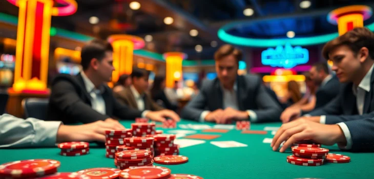 Permainan poker yang menegangkan di wortel21 dengan chip dan kartu di meja kasino.