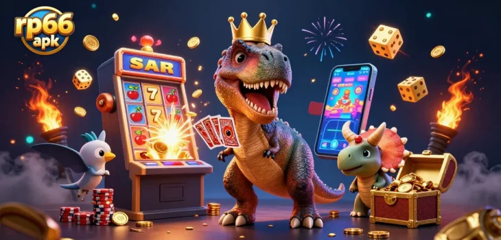 Experience rp66 apk gaming excitement with T-Rex shuffling cards and winning jackpots!