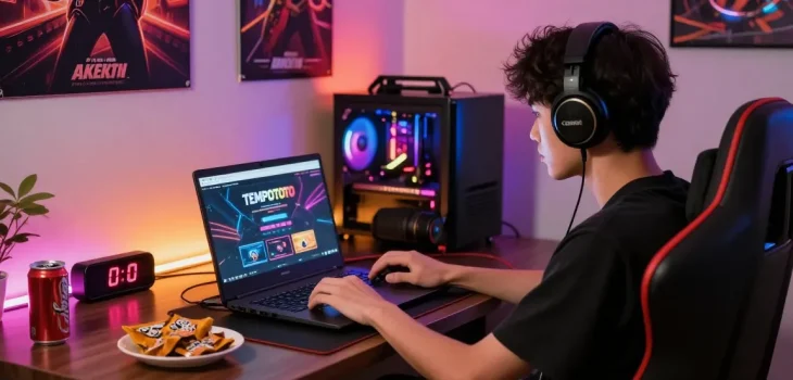 Engaged gamer on laptop exploring situs toto with vibrant LED lights.
