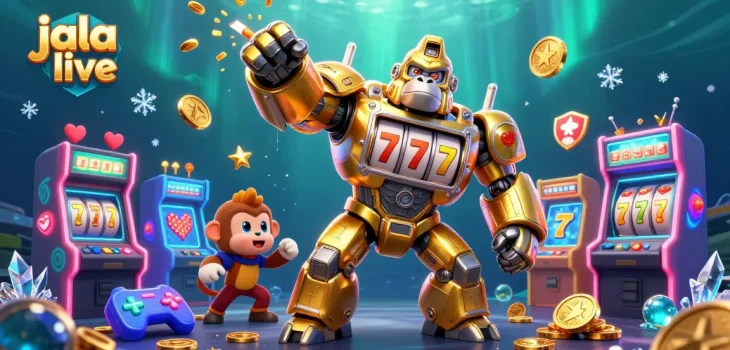 Experience jala live with a vibrant, ultra-detailed 3D illustration showing a gaming mech bursting with coins in a lively gambling environment.