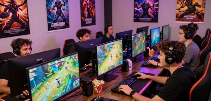 Group of gamers immersed in CIKA4D online gaming session showcasing vibrant graphics and engaging gameplay.