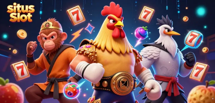 Experience thrilling gameplay with the vibrant situs Slot illustration of characters and dynamic slot elements.