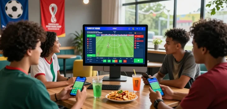 Exciting TEMPOTOTO parlay scene with friends engaging in live soccer betting on digital screens for the 2026 World Cup.