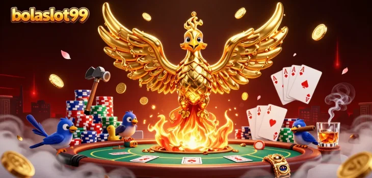 bolaslot99 unfolds vibrant casino elements with molten golden phoenix amidst poker action
