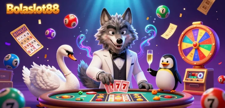 Bolaslot88 showcases a vibrant casino scene with lively characters playing baccarat, enhanced by dynamic slot game elements.