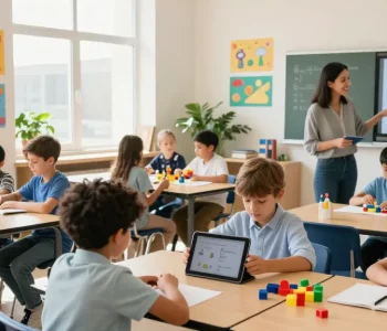 Children exploring learning activities in a bright classroom, showcasing a lively link slot for educational engagement.