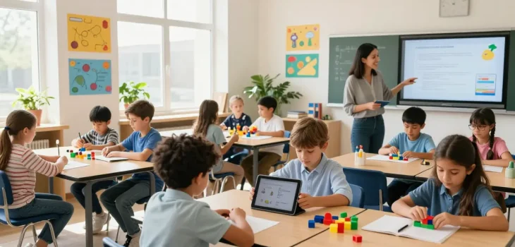 Children exploring learning activities in a bright classroom, showcasing a lively link slot for educational engagement.