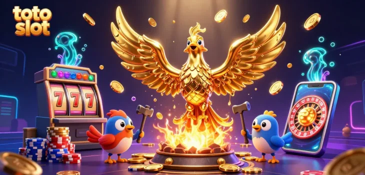 Gambarkan putaran dan kemenangan di permainan toto slot dengan phoenix emas dan koin berkilau.