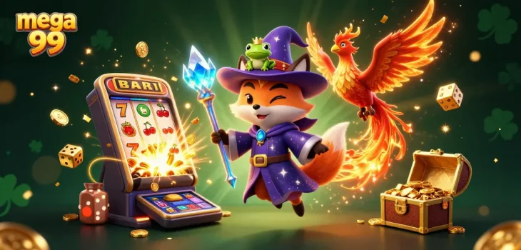 Experience the excitement of mega 99 with a mystical fox wizard and jackpot-filled slot machine