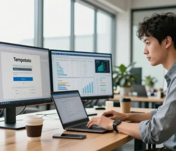 Professional analyzing data for tempototo login solutions in a modern office.