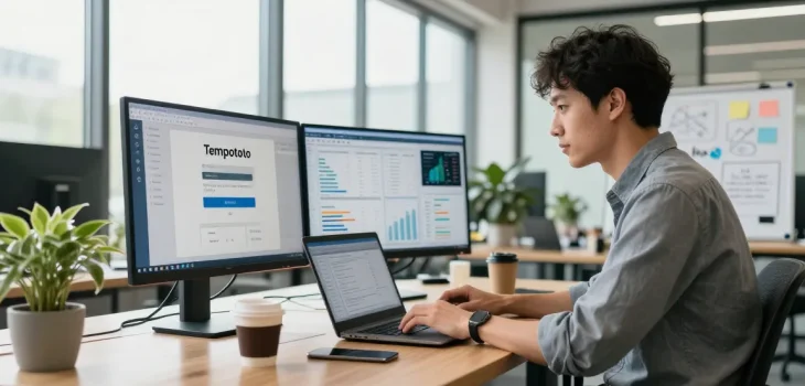 Professional analyzing data for tempototo login solutions in a modern office.