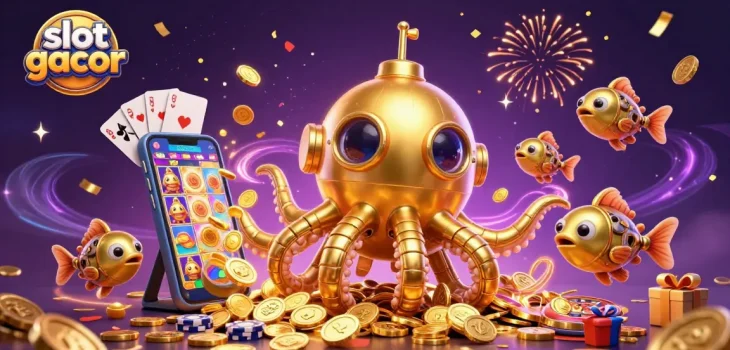 Experience thrilling slot gacor action with a golden kraken submarine amidst golden coins.
