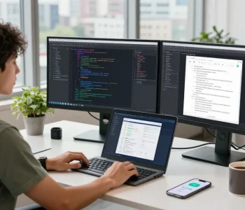 Gambar pengembang perangkat lunak menggunakan UE99 di lingkungan kantor modern.