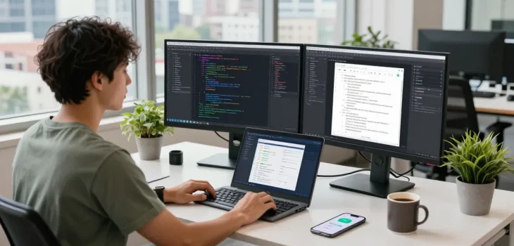 Gambar pengembang perangkat lunak menggunakan UE99 di lingkungan kantor modern.