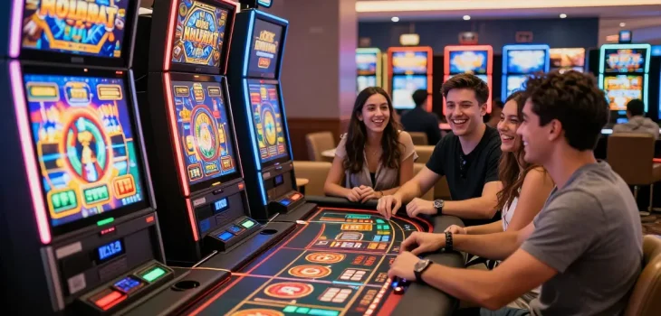 Exciting situs slot gaming scene with friends enjoying vibrant slot machines in a lively casino atmosphere.