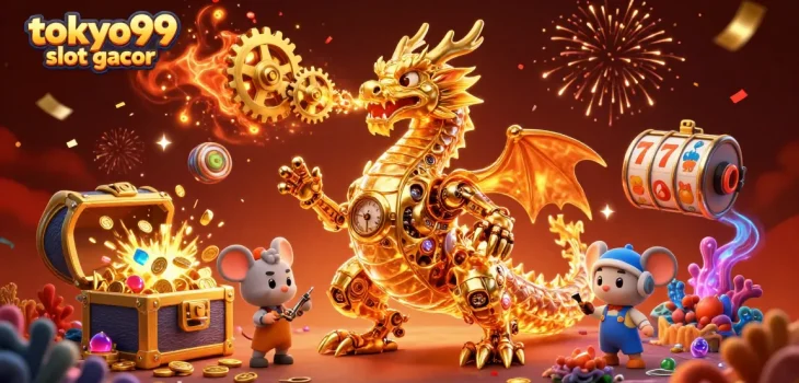 Menghadirkan desain grafis ‘tokyo99 slot gacor’ yang memperlihatkan keseruan bermain slot dengan karakter naga.