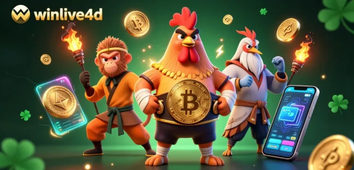 Winlive4D revolutionizes gambling with a dynamic 3D illustration featuring martial artists and crypto elements.