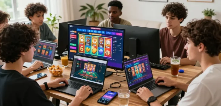 tempototo alternatif gaming party with friends at home, colorful gaming screens, vibrant atmosphere