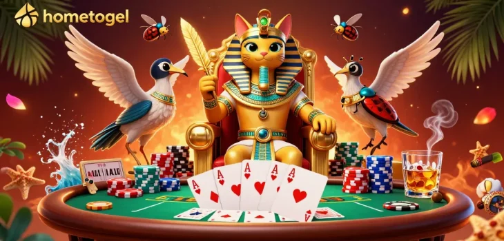 Experience thrilling gaming with hometogel's vibrant 3D scene featuring a pharaoh cat and poker elements.